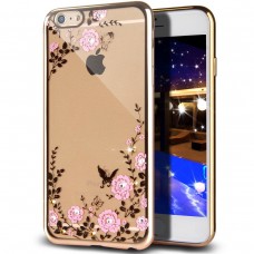 iPhone 6 6s 4.7 - Secret Garden Floral and Butterfly Bling Rhinestone Electroplated Clear Soft TPU Protective Phone Cover Case - Gold and Pink Flower